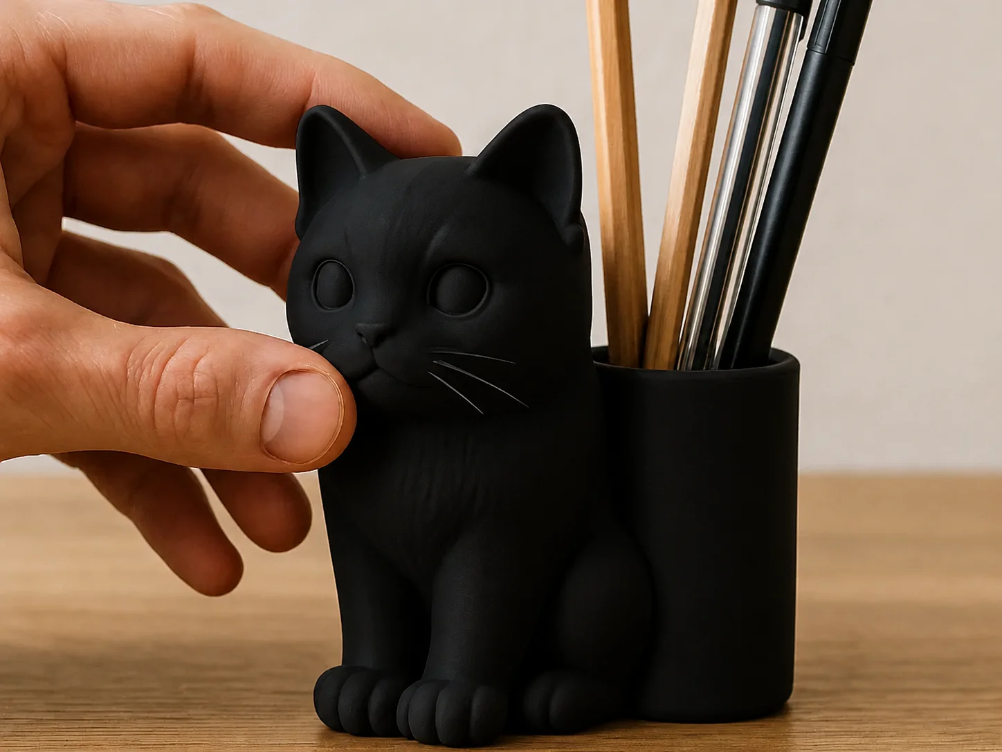 3D Baskı Kedi Figürlü Kalemlik - Masaüstü Organizer - Siyah