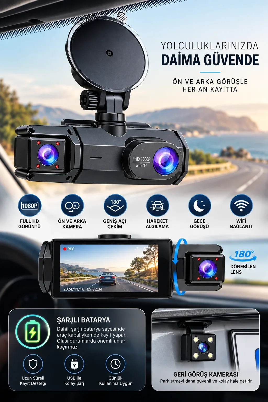 Ön Arka Kayıt 1080P Full HD 180° Geniş Açı Şarjlı Kullanım görsel 4