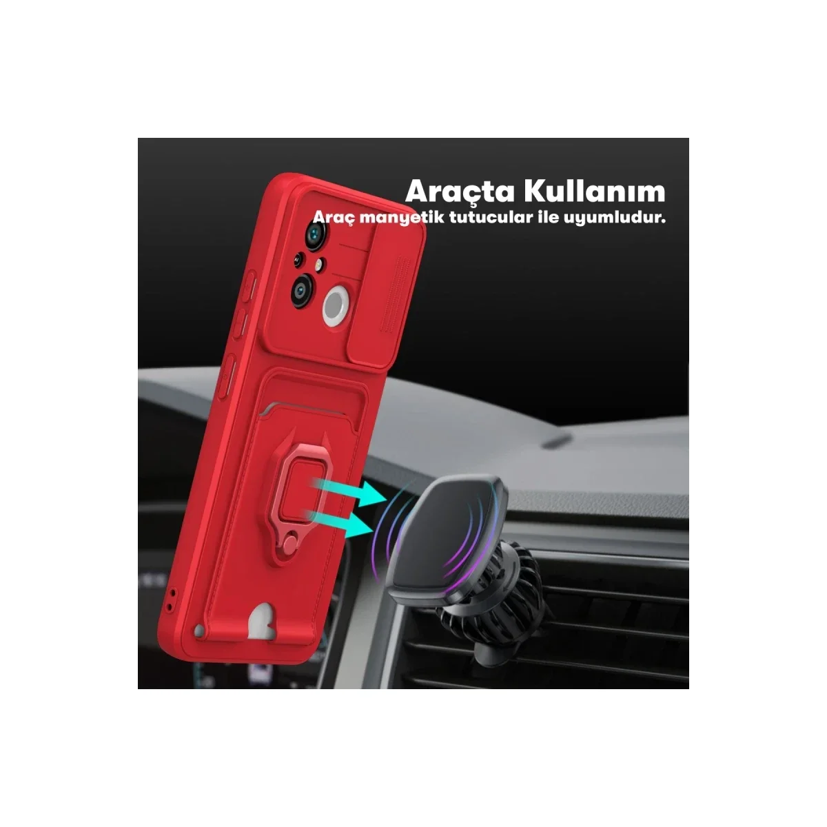Xiaomi Redmi 12C Kılıf Zuma Kartvizitli Yüzüklü Silikon - Kırmızı görsel 3