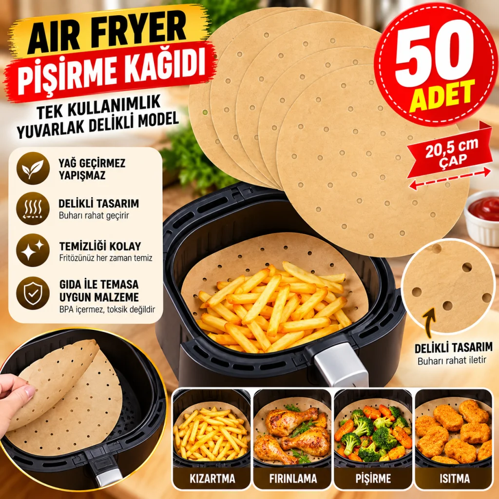 50 Adet Air Fryer Pişirme Kağıdı Tek Kullanımlık Gıda Pişirme Kağıdı Delikli Yuvarlak Model