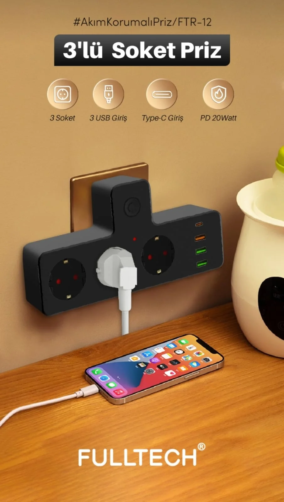 Vothoon Ftr-12 Termal Akım Korumalı Isıya Dayanıklı 3’lü Priz 3x Usb 1x Type-c görsel 2