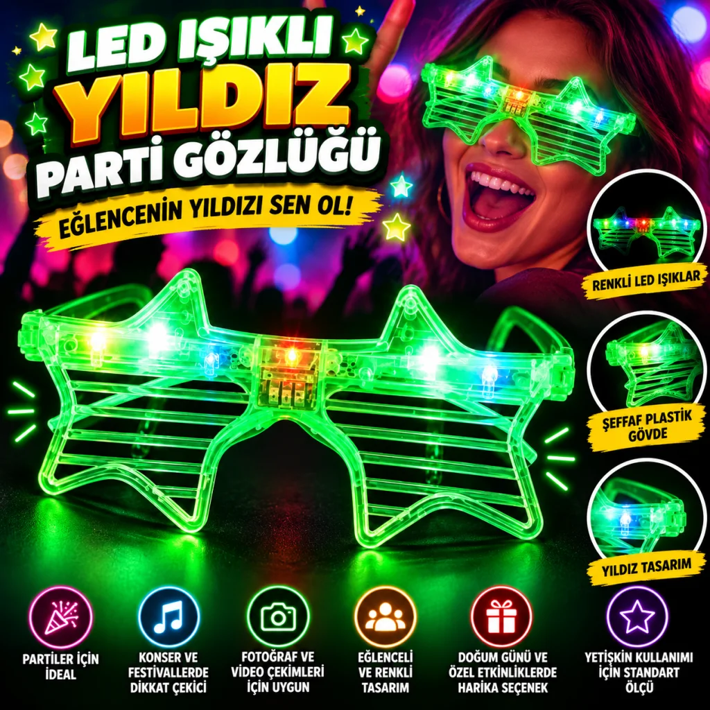 Yeşil Led Işıklı Yıldız Parti Gözlüğü görsel 2
