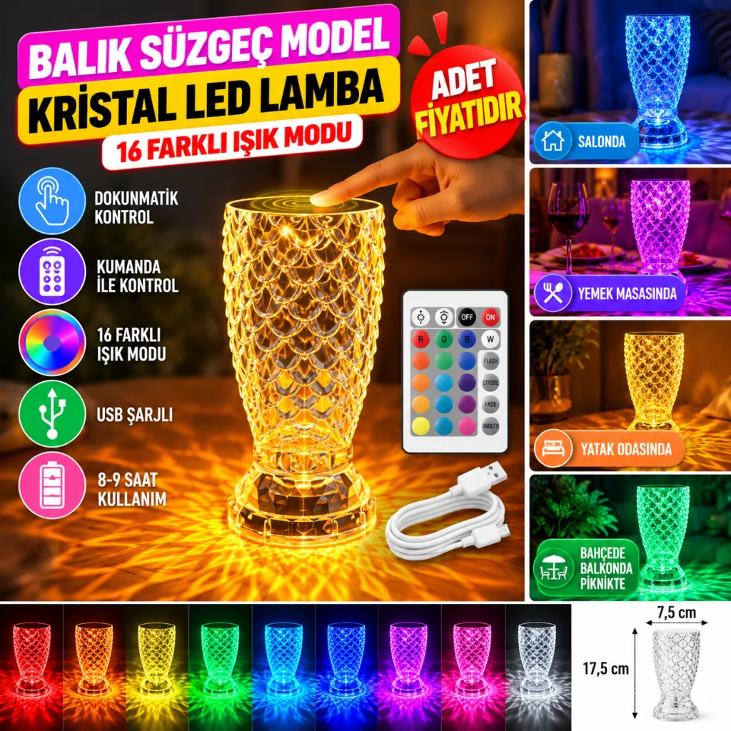 Balık Süzgeç Model USB Şarjlı Kumandalı 16Farklı Işık Modlu Masa Üstü Kristal Akrilik Led (adet fiyatıdır)