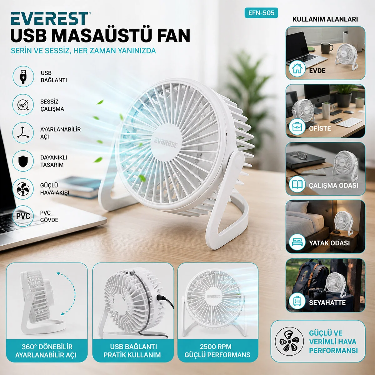 Usb Şarjlı - Pvc Gövde 14.5X14.1CM Masa Üstü Fan - Vantilatör EFN-505 görsel 2