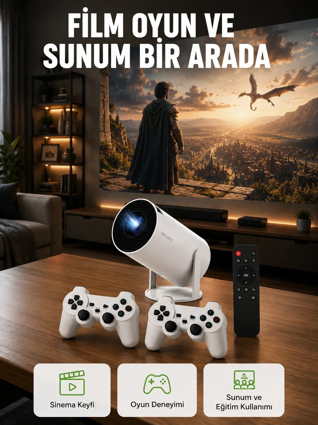 10.000 Oyun Destekli, Çift Kollu 4K Projeksiyon – HD, USB, AUX, Ethernet Yok Yeni Nesil