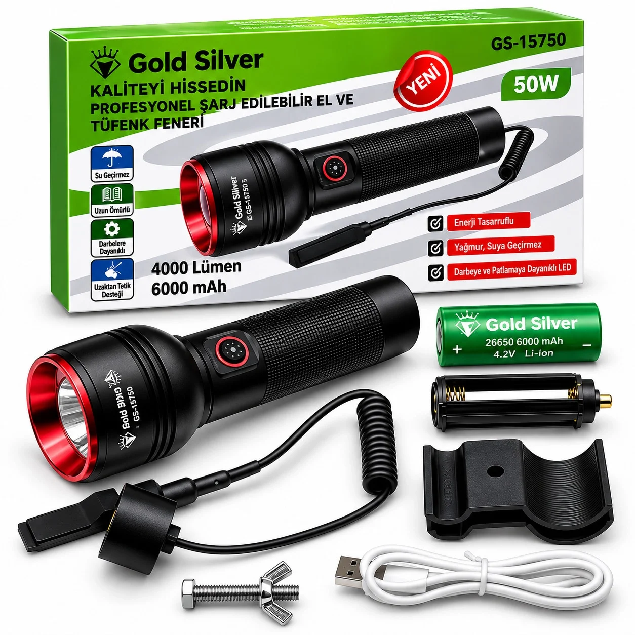 GS-15750 50W 4000 Lümen Şarjlı Zoomlu Taktik El ve Tüfek Feneri