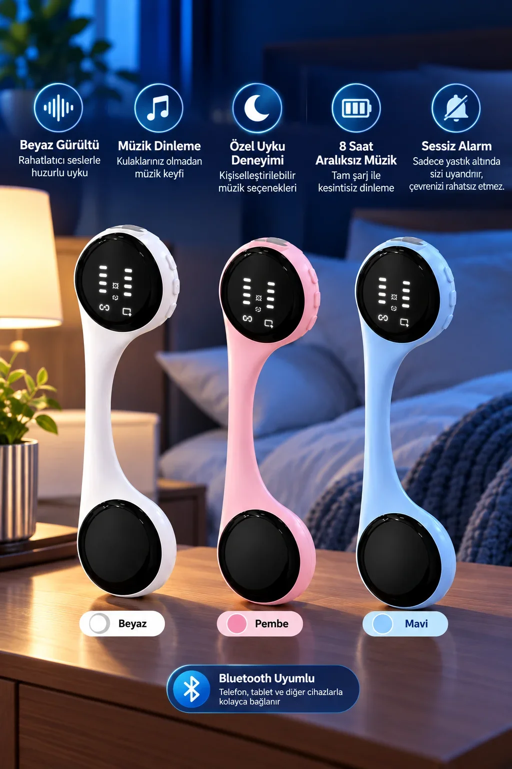 Bluetooth Yastık Altı Hoparlör Sessiz Alarm ve Rahatlatıcı Uyku Sesleri 8 Saat Kesintisiz Müzik Deneyimi