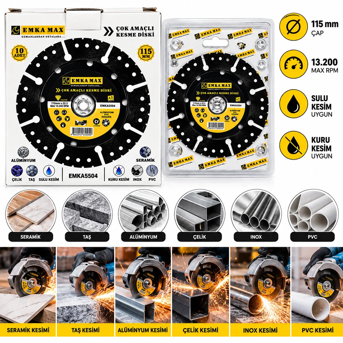 10 Adet Çok Amaçlı Kesme Disk Seramik - Çelik - Pvc - Inox - Alüminyum - Taş 115MMX22.2