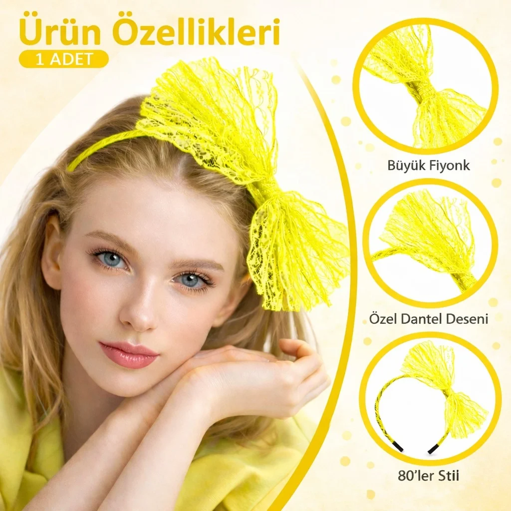 80’ler 90’lar Neon Sarı Dantel Taç Fiyonklu görsel 2