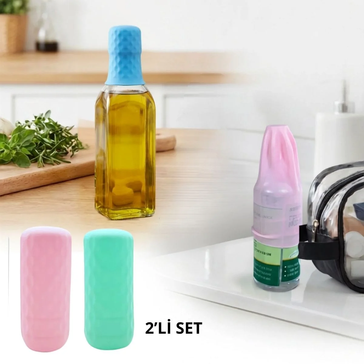 2 Adet Silikon Şişe Kapağı – Seyahat Tipi Sızdırmaz Elastik Şampuan, Losyon ve Parfüm Şişesi Koruyucu