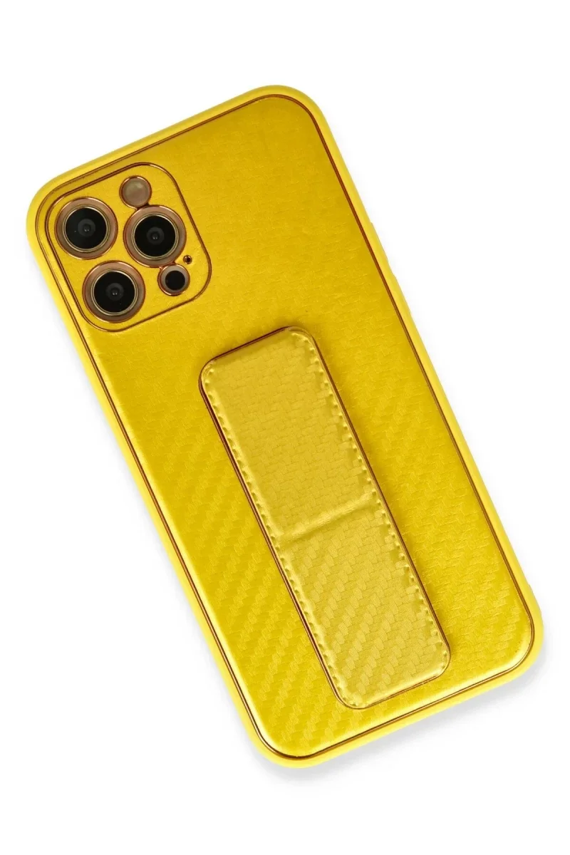 Apple iPhone 12 Pro Max Kılıf Coco Karbon Standlı Kapak - Sarı görsel 3