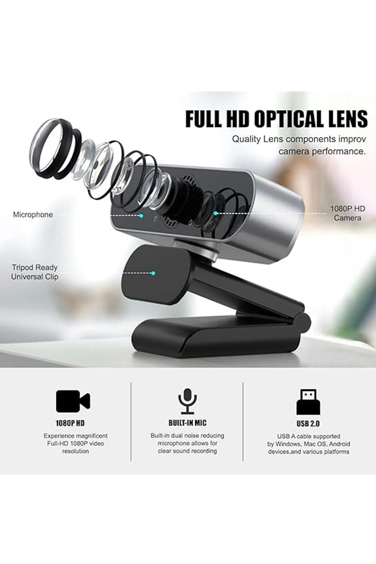 WebCam Orjınal 1080p HD Konferans Kamera Dahili Mikrofon Görüntülü Sohbet Yayın Kamerası HD Video AE-104 görsel 6