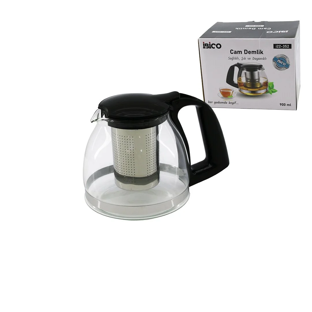 900ML Cam Demlik Çelik Süzgeçli - Plastik Kulp - Kapak - Krom Çerçeve