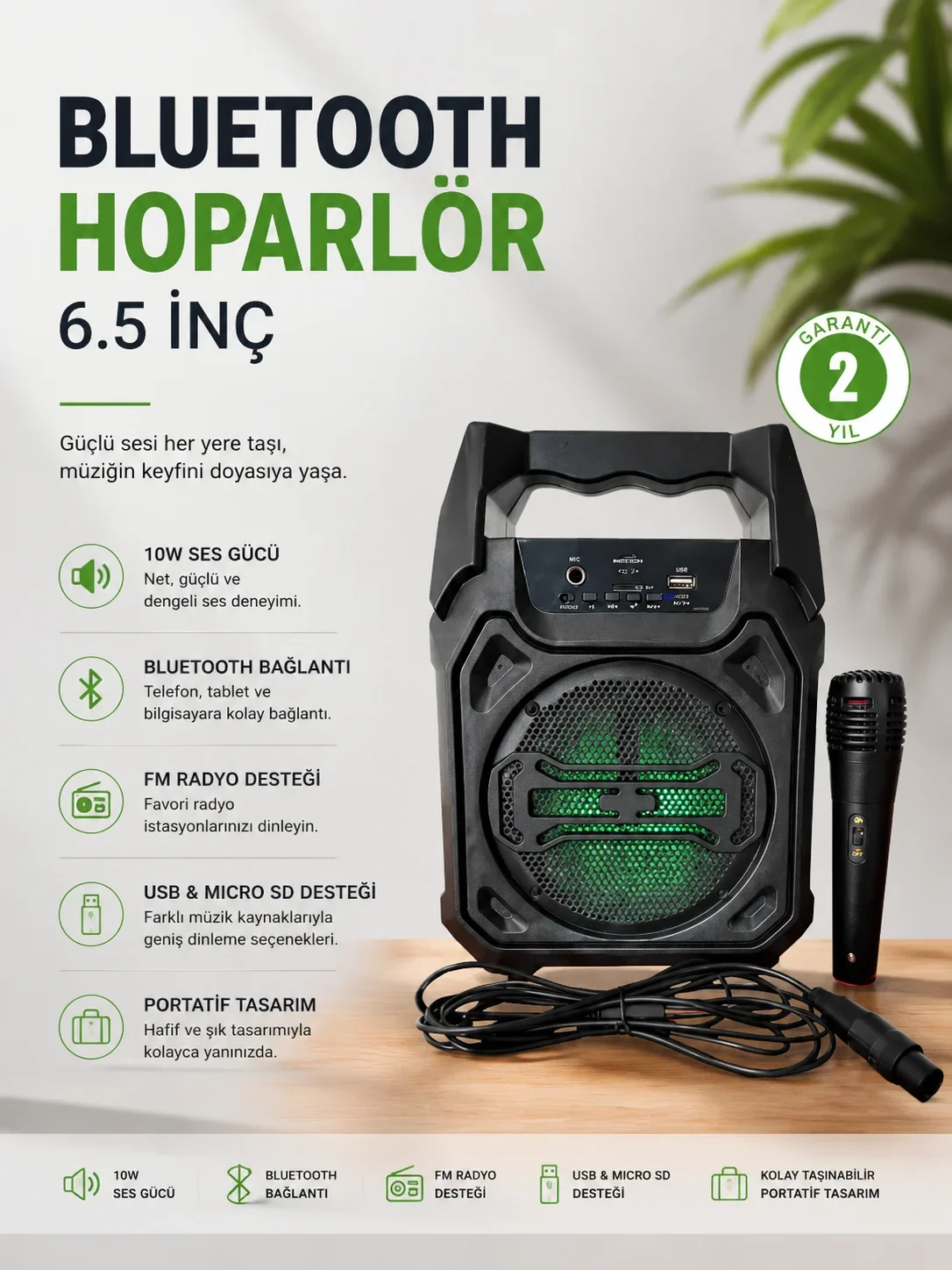 Bluetooth Hoparlör krofonlu Taşınabilir Ses Siste FM Radyo, USB, SD Kart ve TWS Özellikli
