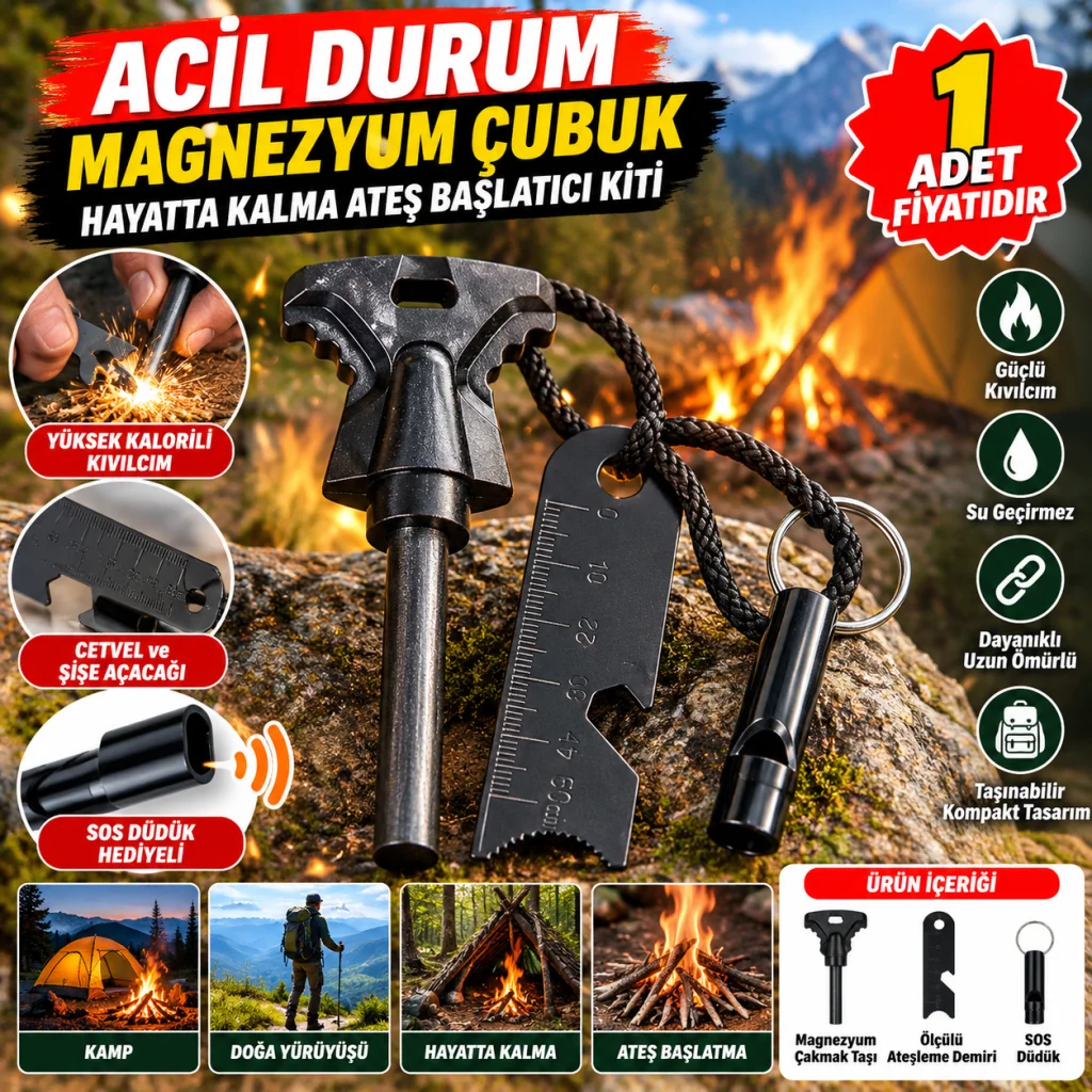 Acil Durum Magnezyum Çubuk Çakmaktaşı Hayatta Kalma Ateş Başlatıcı Çakmak Kiti Düdük Hediyel