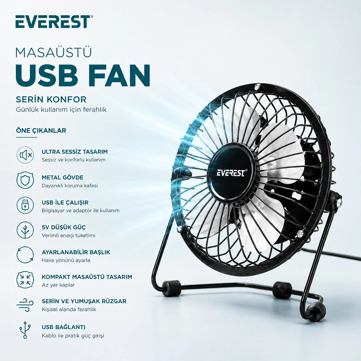 Usb Şarjlı - Metal Gövde 14.5X7.5X15CM ni Masaüstü Fan - Vantilatör EFN-482 görsel 2