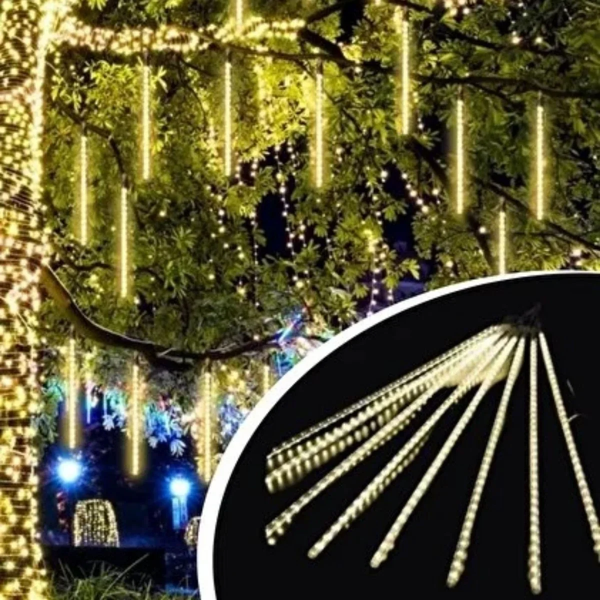 10'lu 45 cm Plastik Meteor LED USB 2M Kablo Sarı Renk Ağaç Işığı – Renk Değiştiren Asmalı Dekoratif Bahçe ve Dış Mekan Aydınlatması