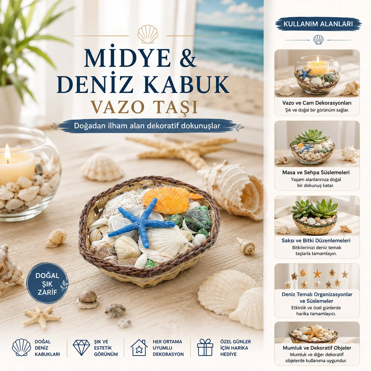 Küçük - Kare - Ahşap Sepetli Renkli x dye - Deniz Kabuk Vazo Taşı