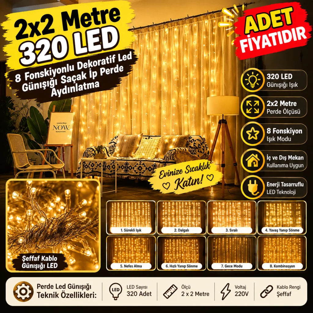 2x2 Metre 320 Led 8 Fonskiyonlu Dekoratif Led Günışığı Perde (adet fiyatıdır)