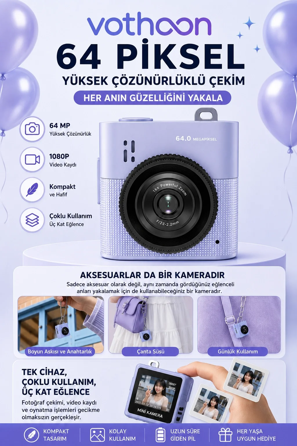 Mini Dijital Kamera 64MP 16x Digital Zoom Retro Vintage 1.4’’Ekranlı Video Kamera Taşınabilir Tasarım Mavi