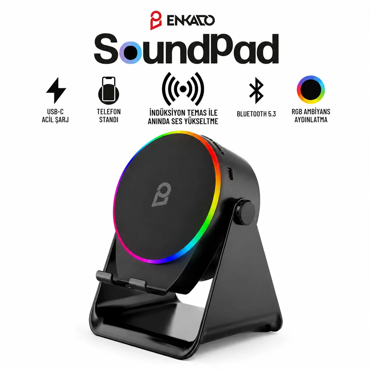 SOUNDPAD 5IN1 - 5W - 2000mAh TEMAS İLE SES YÜKSELTME - TELEFON STAND - USB-C ŞARJ SİYAH İNDİKSİYON SES YÜKSELTİCİ BLUETOOTH HOPARLÖR SPEAKER EKD-S10 görsel 2