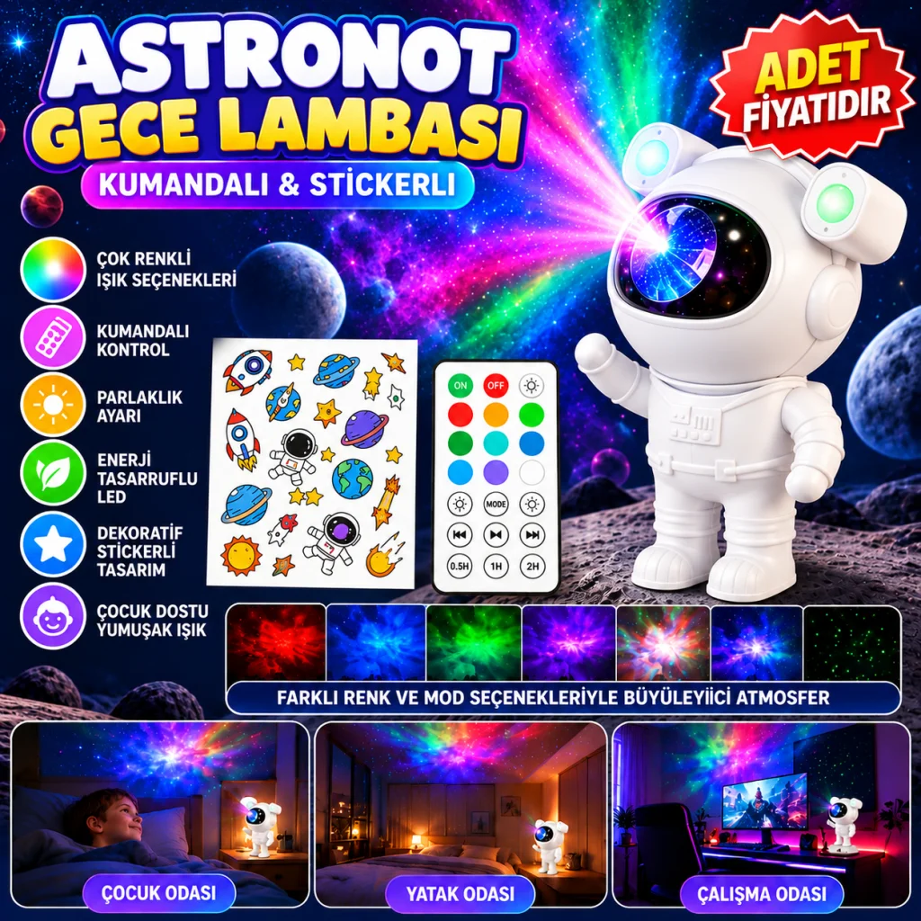 Stickerlı,Kumandalı ASTRONOT Model Gece Lambası