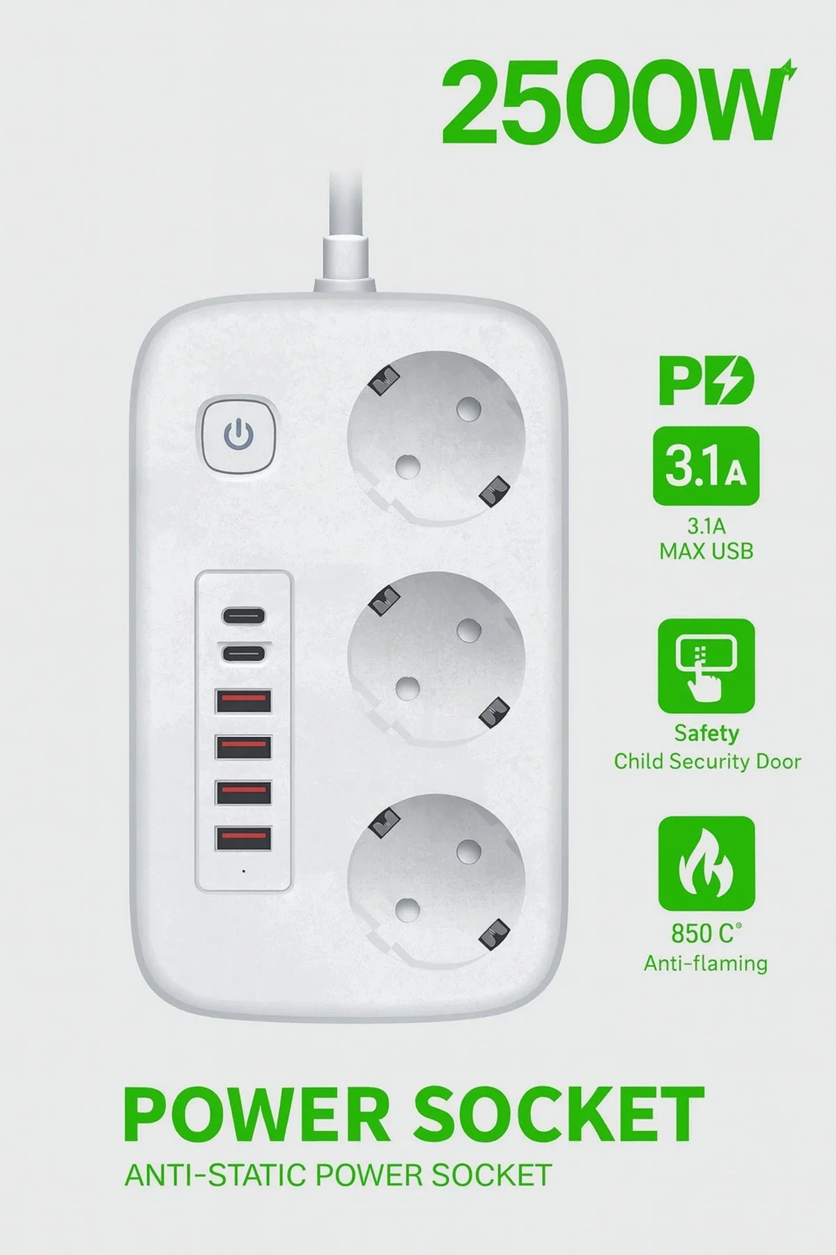 2500W Çoklu Priz 2 METRE – 3’lü AC Priz +5 USB Çıkışı AKIM KORUMALI Alev Almayan Gövde, görsel 4