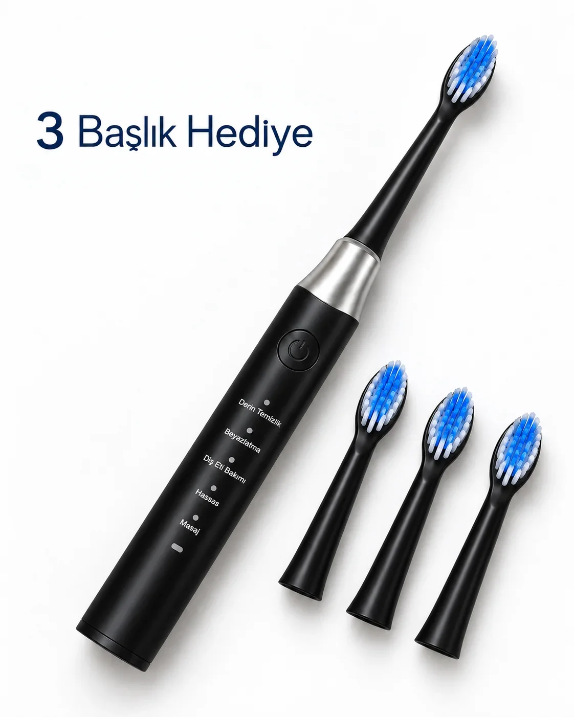 3 Yedek Başlık Hediyeli USB Şarjlı Siyah Elektrikli Diş Fırçası görsel 4