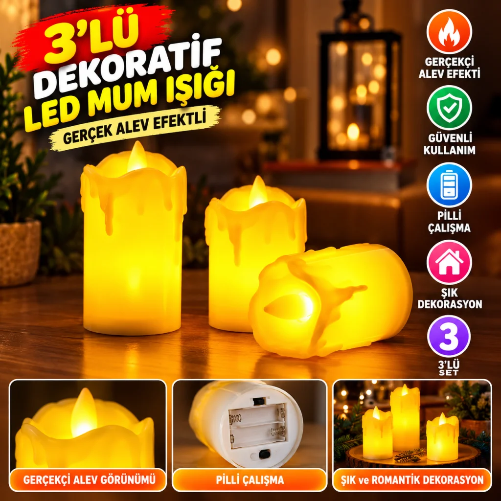 3’lü Pilli Dekoratif LED Mum Işıkları – Gerçek Alev Efektli