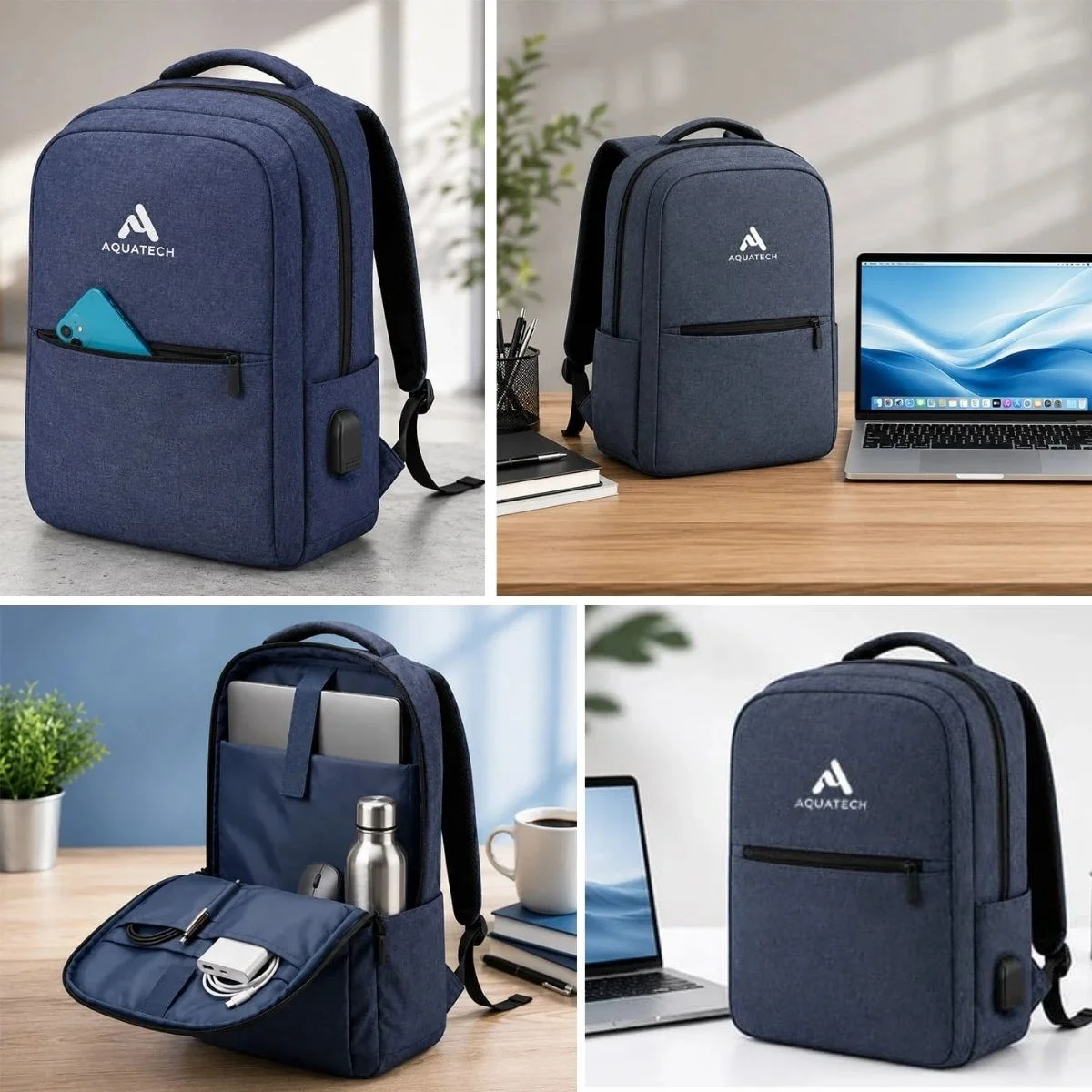 Lacivert Laptop Sırt Çantası, Bilgisayar Korumalı İç Bölmeli Notebook Çantası, Organizer Cepli ve USB Şarj Portlu görsel 4