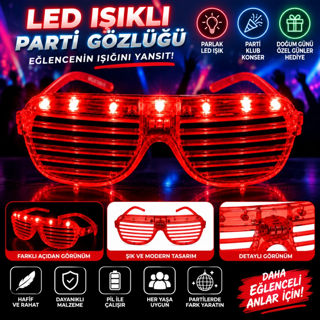 LED Işıklı Panjur Parti Gözlüğü Kırmızı Renk Shutter Gözlük görsel 2