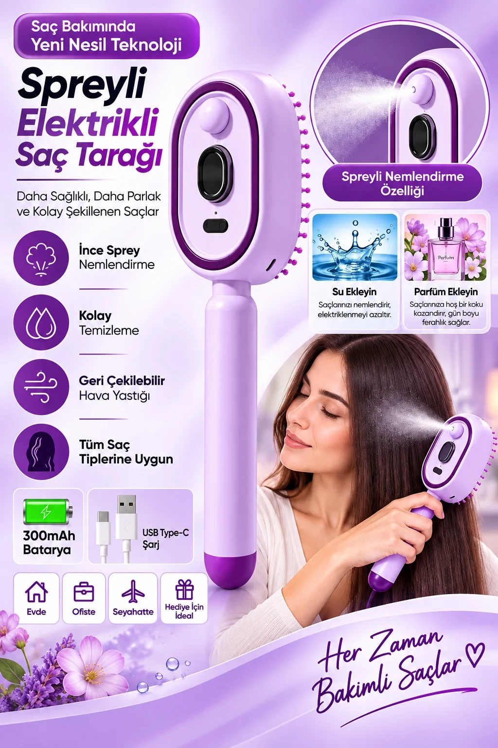 Elektrikli Spreyli Saç Tarağı 300 mAh Type‑C Şarjlı İnce Spreyli Antistatik Bakım Fırçası mor görsel 3