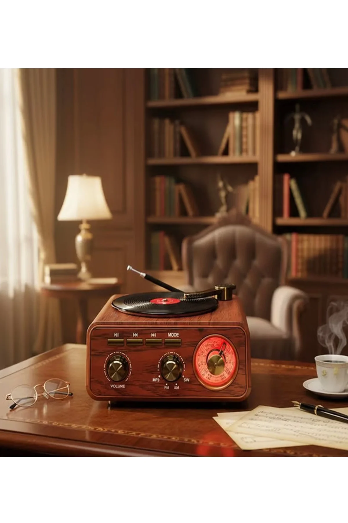 Nostaljik Tasarım Plak Çalar Görünümlü Radyolu Bluetooth Hoparlör Retro Müzik Plak görsel 3
