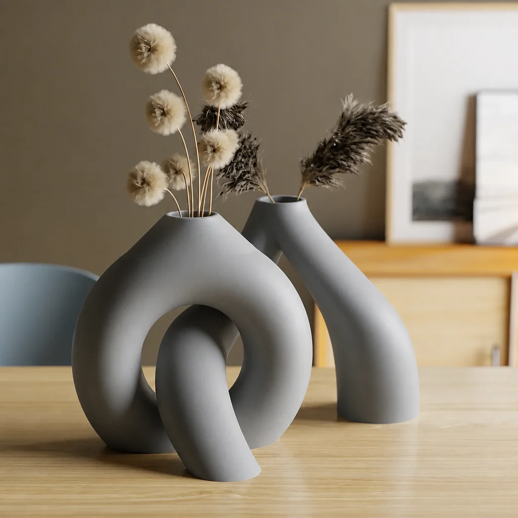 3D Baskı Interlocking Vazo - İç İçe Geçen Dekoratif Vazo-Gri