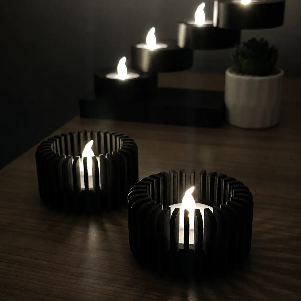 3D Baskı Modern Çizgili Mumluk - Tealight Mumluk (1 Adet)-Siyah görsel 3