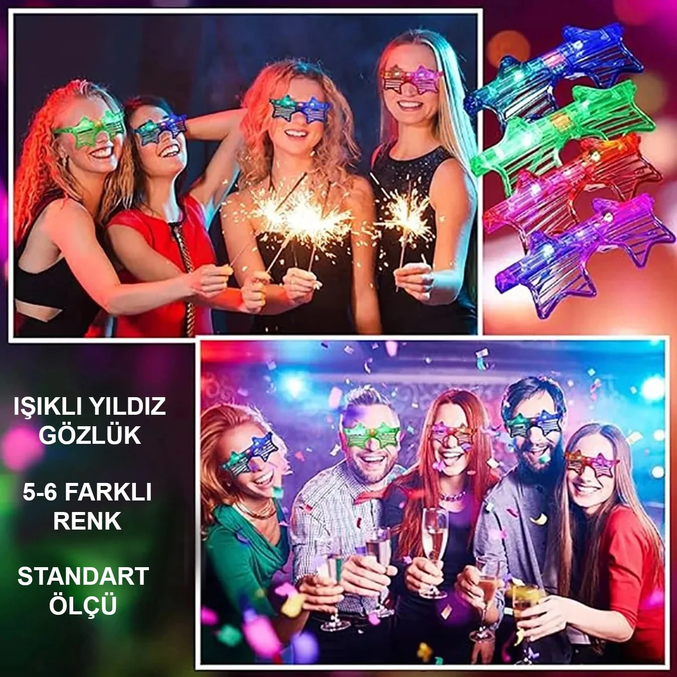 Işıklı Yıldız Gözlük Ledli Parti Gözlüğü 6 Renk 12 Adet görsel 3