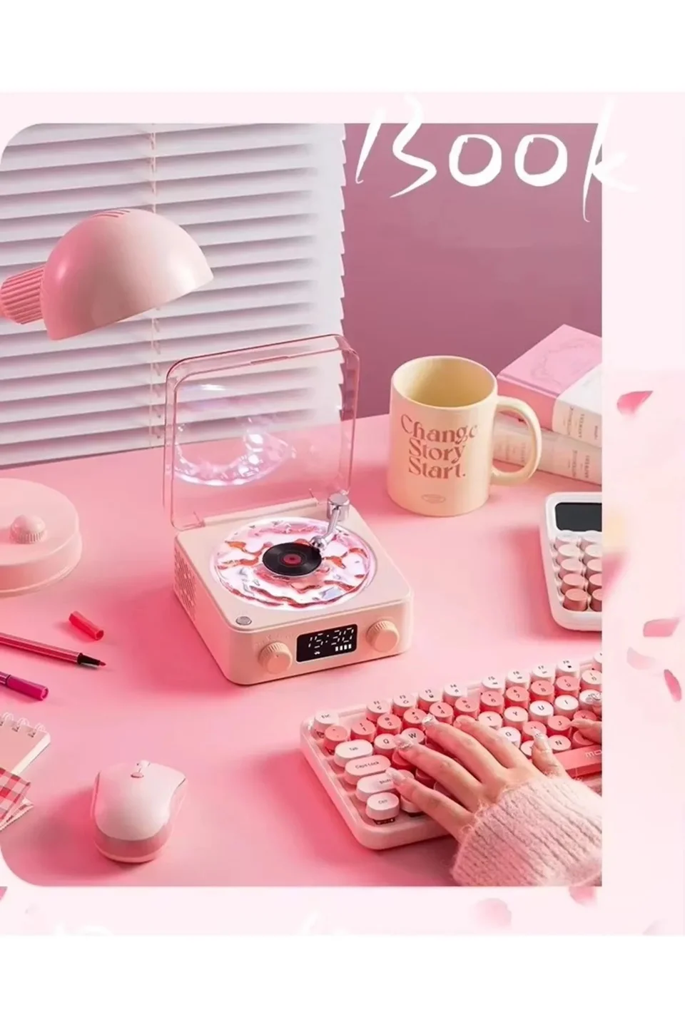 Waves Nostalji Plak Görünümlü Bluetooth Hoparlör 3D Ses Dalgası Retro Müzik Plak pembe görsel 5
