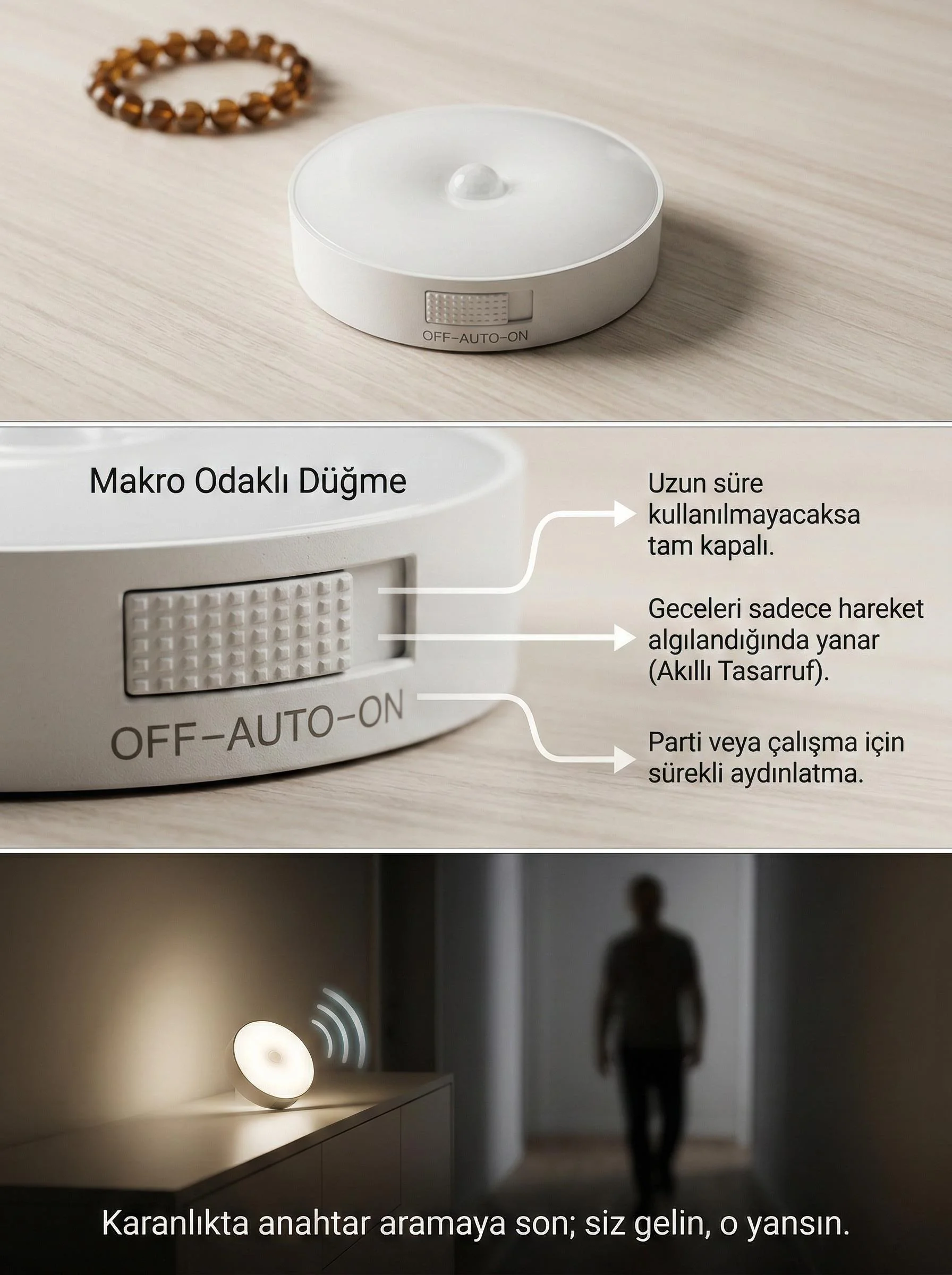 Hareket Sensörlü Yuvarlak LED Aydınlatma & USB Şarjlı Pratik Gece Lambası (8 cm) görsel 3