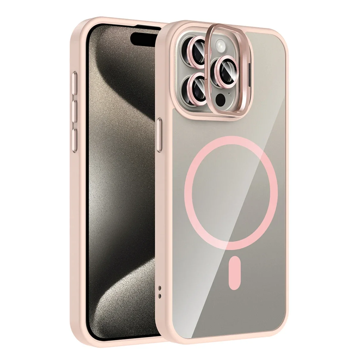 Joko Apple iPhone 15 Pro Max Remim Lensli Magsafe Standlı Kapak - Pembe