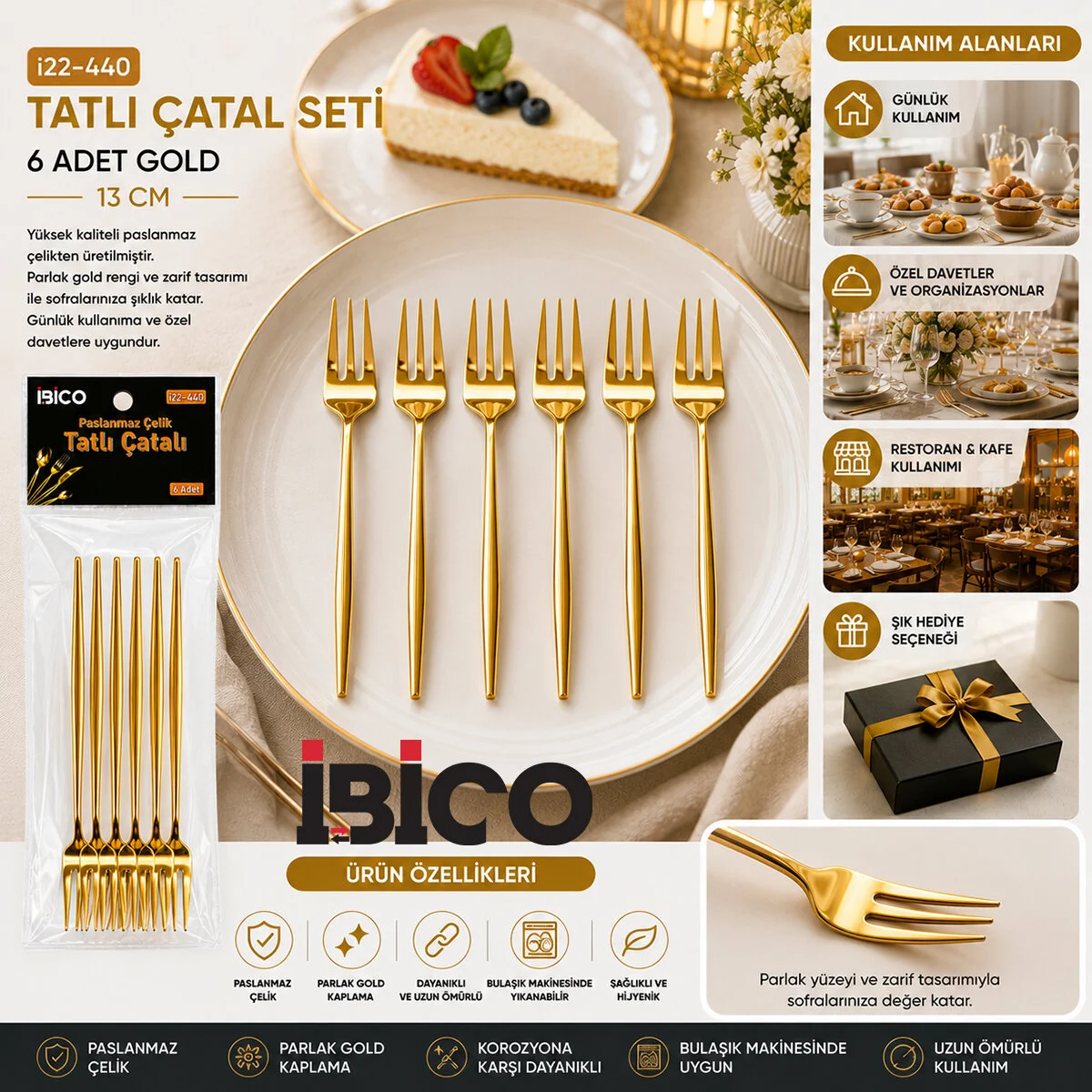 60 Parça Gold Tatlı Çatal Seti 13CM - 1 Paket İçinde 6 Adet Vardır - 10 Paket Gönderilir görsel 2