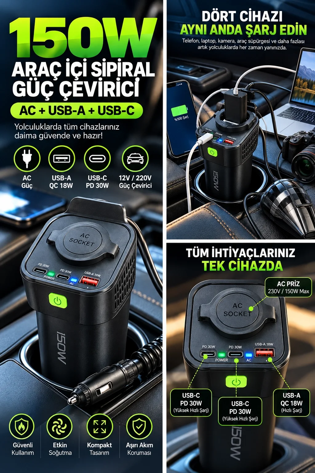 150W Araç İçi Şarj Adaptörü 12V 220V Çakmaklık Girişli 30W Type-C 18W USB Hızlı Şarj görsel 2