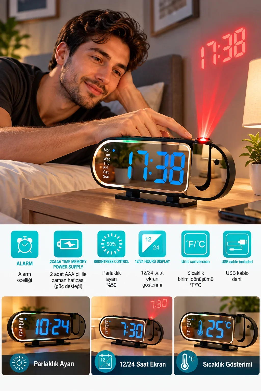 Şık Tasarımlı LED Masa Saati Dijital Ekran Alarm 12 24 Saat ve Sıcaklık Göstergeli görsel 2