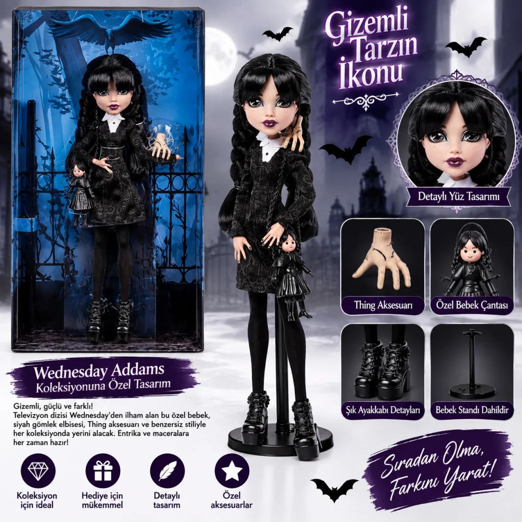 JNJ91 Monster High Wednesday Addams Bebek görsel 5