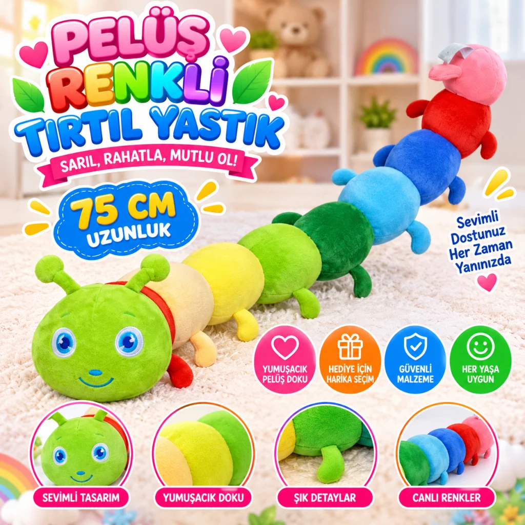 Peluş Renkli Tırtıl Yastık 75cm görsel 2