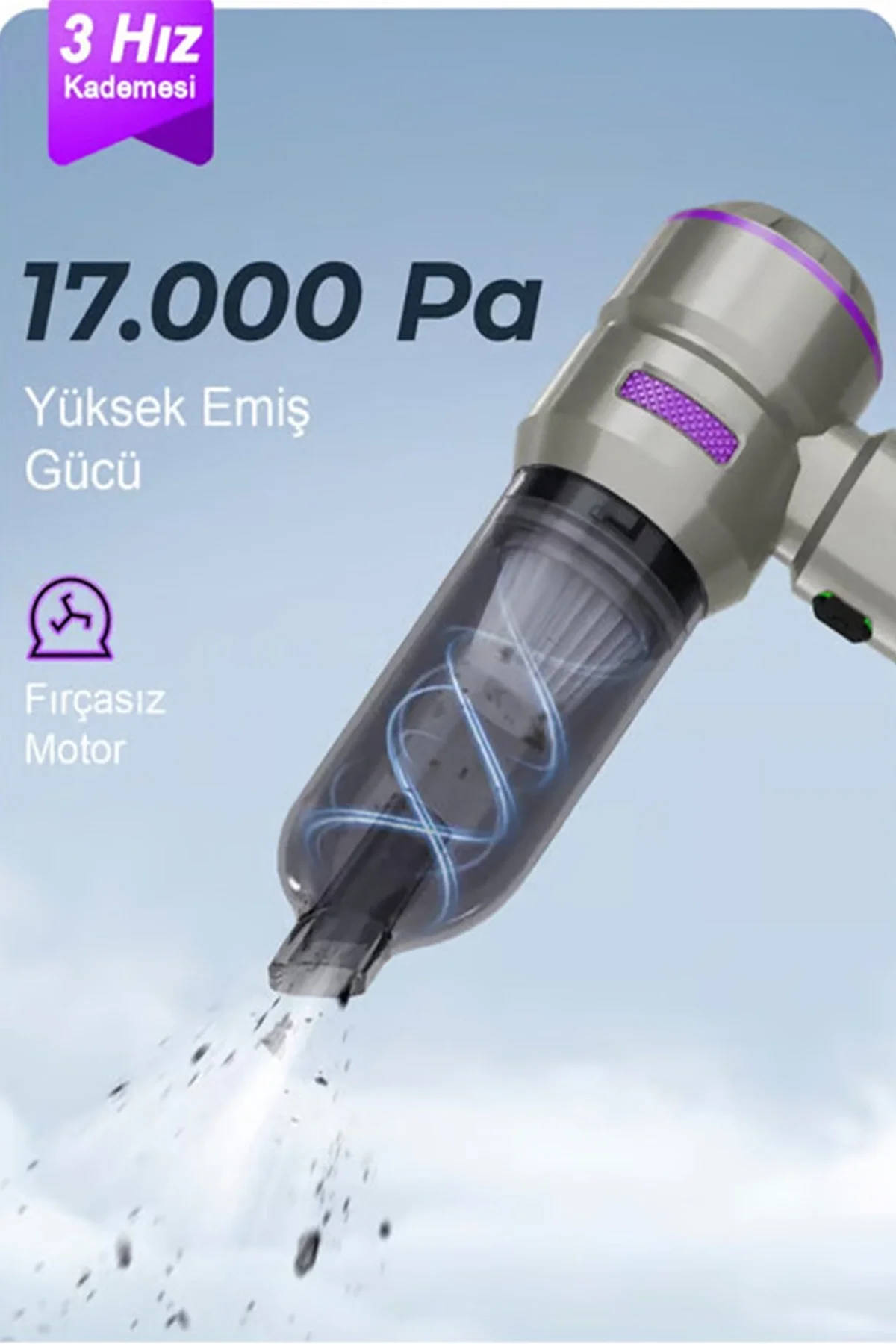 Kablosuz Taşınabilir Araç İçi El Süpürgesi 17000pa Güçlü Vakum 4’ü 1 Arada Çok Amaçlı Tezlik görsel 2