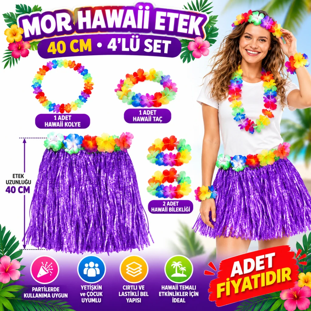 Luau Aloha Mor Hawaii Etek 40 cm ve 4’lü Hawaii Seti görsel 2