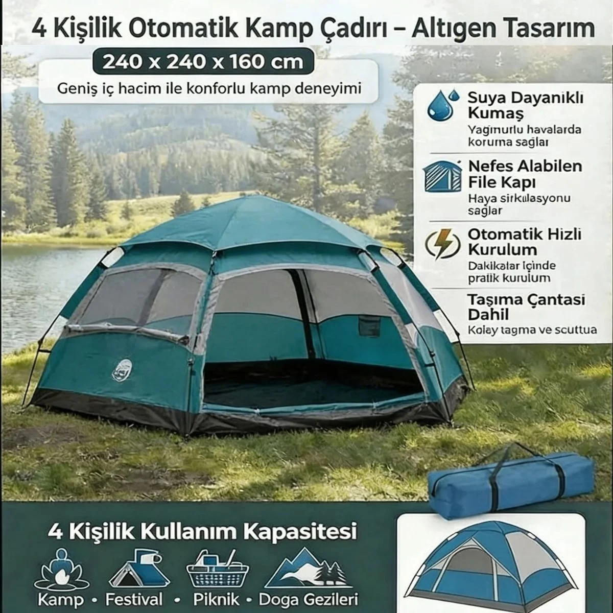 4 Kişilik Otomatik Kamp Çadırı – Altıgen Tasarım, Çift Kapılı, Suya Dayanıklı, Hızlı Kurulumlu Geniş Aile Outdoor Çadırı 240x240x160 cm görsel 5
