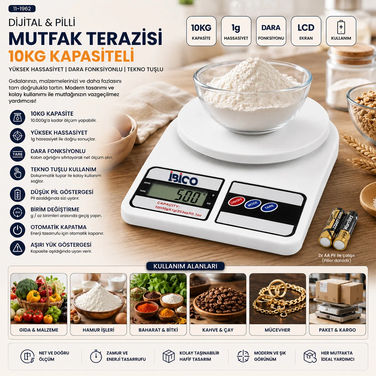 Dijital - Pilli Mutfak Terazisi Tartı 10KG / 1GR görsel 2