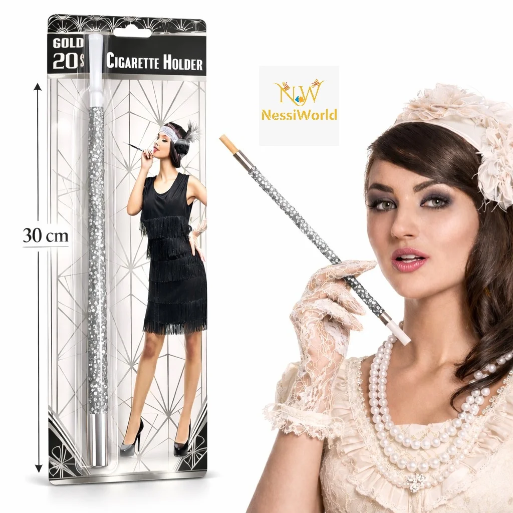 30 cm Gümüş Payetli Sigara Tutacağı – 1920’ler Gatsby Parti Aksesuarı görsel 2