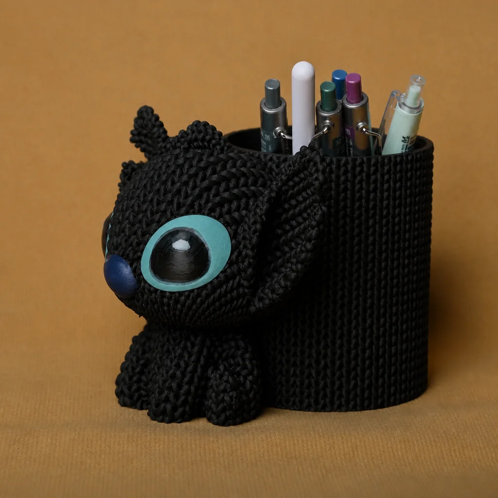3D Baskı Knitted Kalemlik - Sevimli Karakterli Masaüstü Kalem Organizeri-Siyah görsel 3